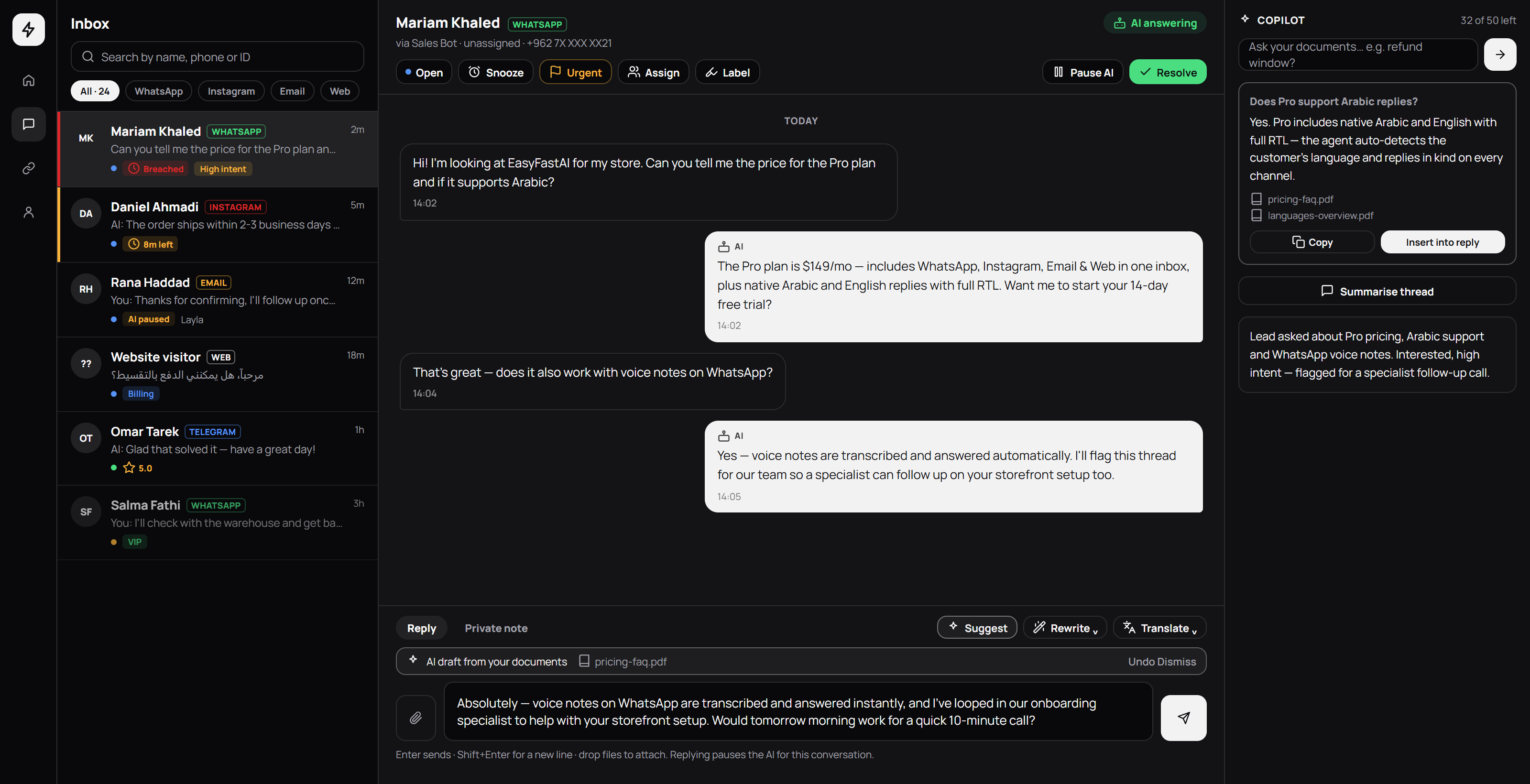 The EasyFastAI shared inbox: a conversation list, a live thread with the AI answering, and an AI copilot suggesting a reply